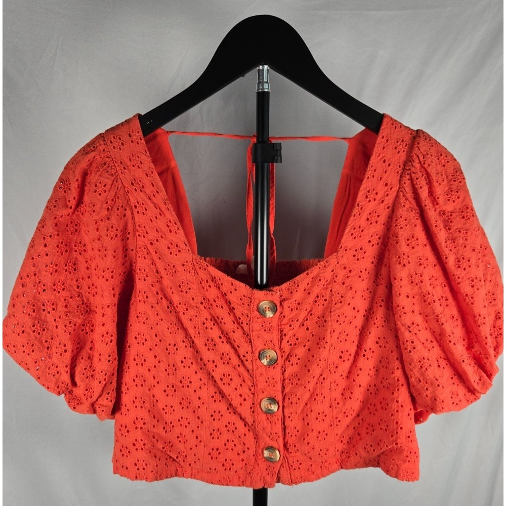 Womens Eyelet Crop Top Sz L Coral Orange Puff Sleeve Smocked Coquette Coastal
